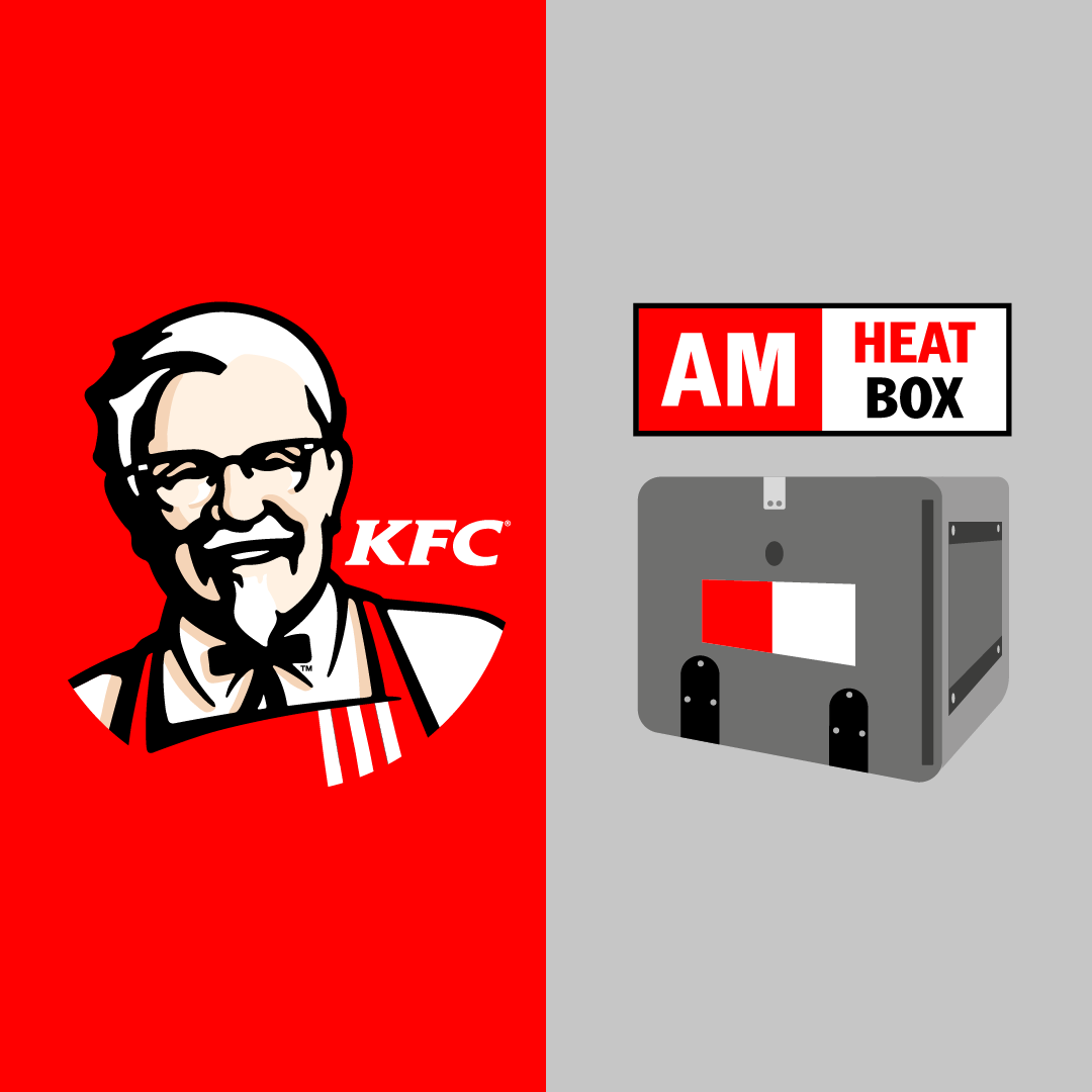 Bildmarken von KFC und Heat Box nebeneinander – Darstellung der Kooperation im Bereich Food-Delivery